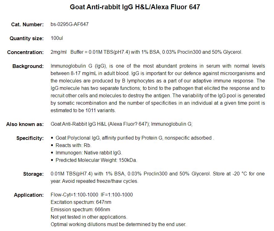 Alexa Fluor 647标记的羊抗兔IgG H&amp;L